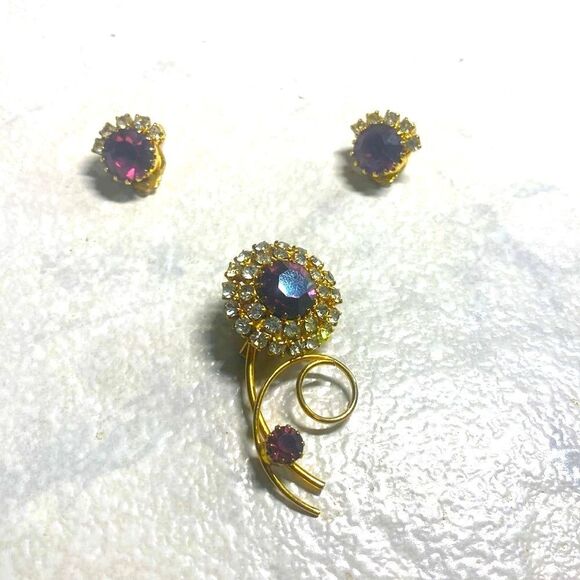 Jewelry - Vintage Rhinestone & Amethyst Brooch & Earrings